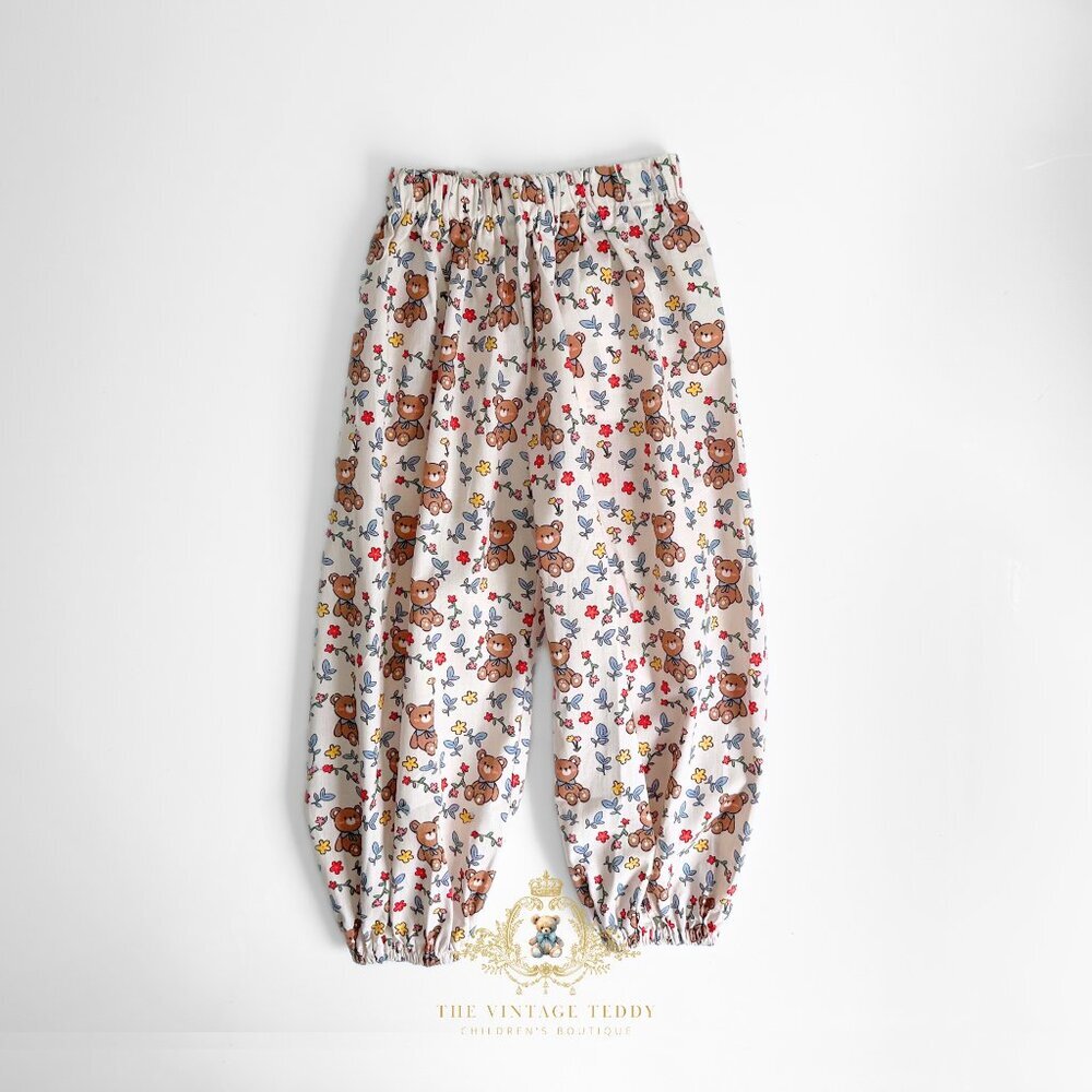 NWT Cute Girls Luna Pants Comfy Loose Fitting Bohemian Teddy Bear & Flowers 5T